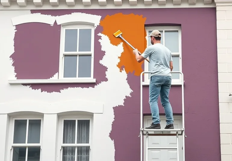 Peintre sur échafaudage traitant la façade d'une maison